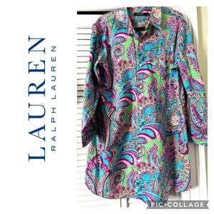 100% Cotton Pastel Button Down Shirt Dress Long Sleeve Ralph Lauren 35”L Large